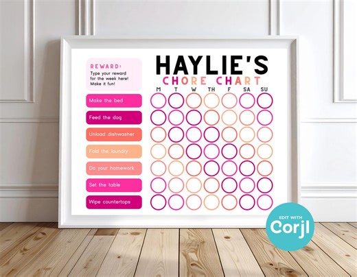 Editable Girls Chore Chart Printable | Pink Power Kids Responsibility Chart | Corjl Template | Instant Download - Etsy Australia