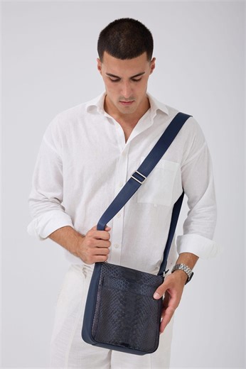 Genuine Anaconda Python Leather Messenger Bag Navy Blue Mens Crossbody Bag Handmade Luxury Gift