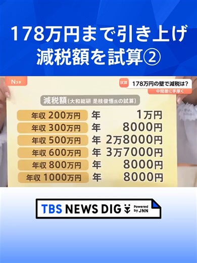 【減税額を年収別に試算】「年収の壁」178万円まで引き上げ、自民・国民党首会談で合意【Nスタ解説】 #tbs #tiktokでニュース