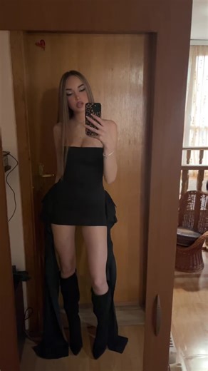 Stylish Mirror Selfies in a Black Strapless Dress