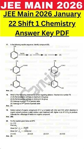 JEE Main 2026 January 22 Shift 1 Chemistry Answer Key PDF #jeemain2026 #jeemainanswerkey