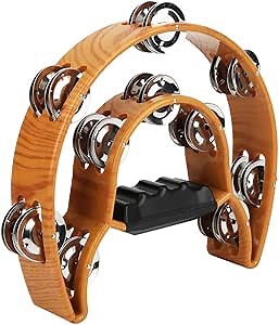 Double Row Tambourine, Half Moon Handheld Tambourine, Metal Jingles Hand Held Percussion Drum with Ergonomic Handle Grip, Adult Musical Instrument for Church, KTV, Party