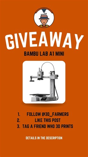 3D Farmers on Instagram: "🎉BAMBU LAB A1 MINI GIVEAWAY 🎉 We're giving away a Bambu Lab A1 Mini 3D printer to one lucky winner! HOW TO ENTER: 1. Follow us @3d_farmers 2. Like this post 3. Tag a friend who 3D prints BONUS ENTRIES: 📱 Share this post to your story 🎥 Subscribe to our YouTube channel SPECIAL OFFER: Members of our Skool community get DOUBLE the chances to win! 🎁 Prize: Bambu Studio gift card equivalent to the A1 Mini price in your country ⏰ Giveaway ends September 30th 🏆 Winner an