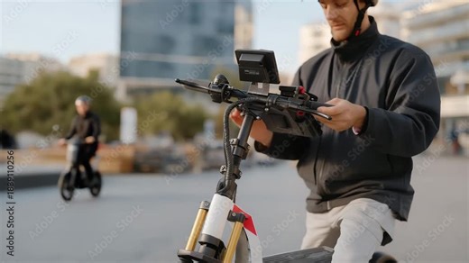 A repairable electric scooter being serviced at a mobility hub, technicians pulling out modular batteries and adjusting replaceable handlebars — urban transport sustainability, easy maintenance,