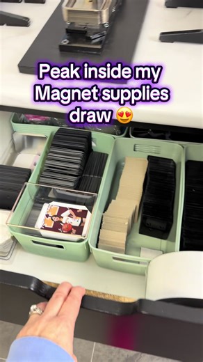 Peak inside my magnet supplies draw for my 2x3 & 2.5” machines. Thank you Dollar Tree for making affordable storage containers, it made it a lot easier to organize so many supplies in one space! #organizetok #supplies #businesstiktok #dollartreefinds #magnetictreasuresco