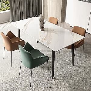 Dining Table, 55 Inch Rectangular White Kitchen Table with Marble Sintered Stone Table Top and Metal Legs, Modern Dinner Table for Dining Room