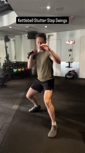 Kettlebell stutter step swings for stronger knees, core, and coordination.