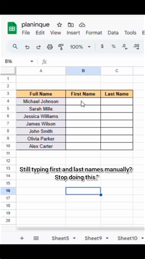 Stop wasting time in Google Sheets ⏳ Split full name into First name & Last name instantly with this simple formula 🤯 This trick will save you hours! Google Sheets trick split full name Google Sheets formula spreadsheet tips data cleaning productivity trick office hacks excel alternative #googlesheets #spreadsheet #productivity #officehacks #datacleaning