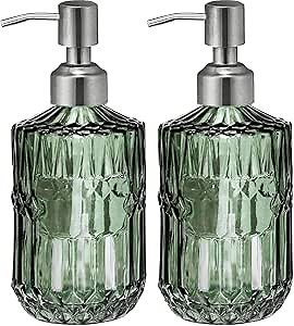 Green Glass Soap Dispenser Bathroom 2 Pack Liquid Hand Lotion Dispensers with Pump for Kitchen Bathroom Vintage Rustic Boho Soap Dispenser