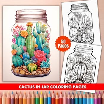 50 Cactus in Jar Coloring Pages | Cute Succulent Coloring Book | Relaxing