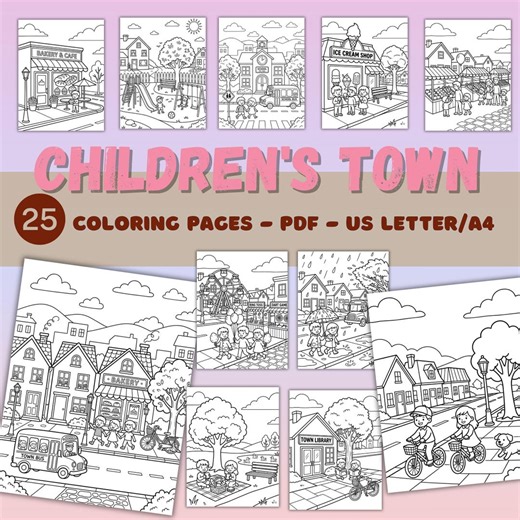 Children’s Town Coloring Pages for Kids, 25 City Life Community Scenes Printable Coloring Book PDF, Neighborhood School Park - Etsy