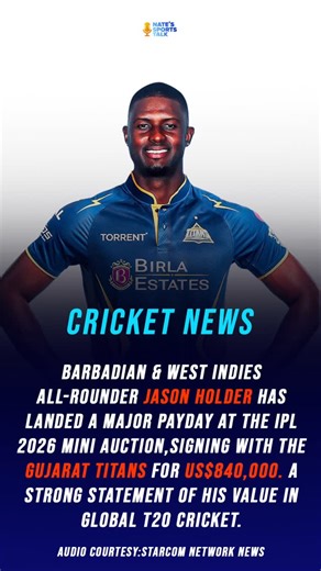 NateSportsTalk on Instagram: "Barbadian and West Indies all-rounder Jason Holder has landed a major payday at the IPL 2026 mini auction, signing with the Gujarat Titans for US$840,000. A strong statement of his value in global T20 cricket. The former West Indies captain drew attention from multiple franchises before Gujarat secured his services, underlining his reputation as a reliable power-hitting and wicket-taking option in the shortest format. 🎧 Audio source: Starcom Network News"