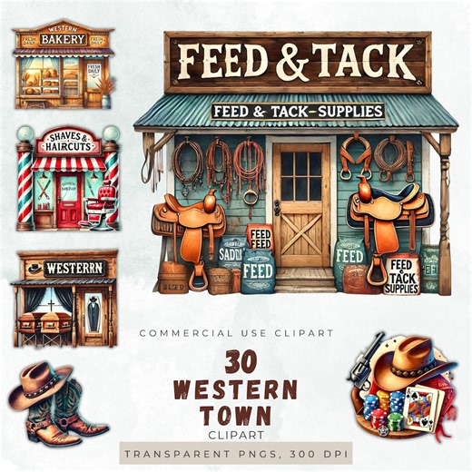 Western Town Clipart Bundle, Cowboy Storefronts, Graphics (30 PNG) - Etsy