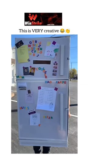 the laugh spot on Instagram: "This video showcases an incredibly creative and humorous refrigerator costume. Here is a breakdown of what happens in the video: The "Refrigerator" Costume A person is wearing a large, DIY costume made to look like a white, double-door refrigerator. The exterior is highly detailed, featuring: Magnets and Drawings: Colorful letter magnets (spelling words like "DAD FARTS" and "COOLOSER"), children's drawings, and a math test. Functional Design: The person can spin aro