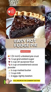 You haven’t lived until you’ve tried this gooey, chocolate-loaded pie. One bite and you’ll be hooked! 🍫 Easy Hot Fudge Pie Recipe ⏲️ A Simple & Decadent Chocolate Pie Prep Time: 10 minutes Cook Time: 35 minutes Total Time: 45 minutes Ingredients 🥧 1 (9-inch) unbaked pie crust 🍬 1 cup granulated sugar 🥣 ½ cup all-purpose flour 🍫 ¼ cup unsweetened cocoa powder 🧈 ½ cup melted butter 🥛 1 cup milk 🥚 2 eggs, lightly beaten 🥣 1 tsp vanilla extract 🍦 Vanilla ice cream, for serving (optional) I