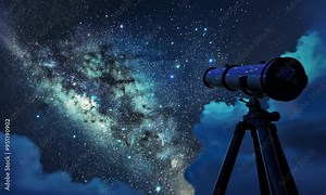 A telescope pointed towards a starry night sky with the Milky Way galaxy visible amidst clouds.