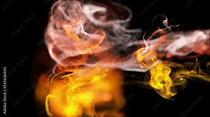 4k background, animation of complex particles simulation advection with turbulence streams, twirl and curl in viscous fluid in slow motion with deph of filed as alpha channel luma matte. fire color 59