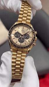 Stunning Omega Speedmaster in Moonshine Gold, a special 18K yellow gold alloy developed by Omega. Video by @champsg | DailyWatch