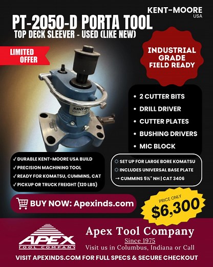 Struggling with Top Deck Sleeve Jobs? The PT-2050-D Porta Tool is the FIELD-PROVEN solution. ✔ Large Bore Komatsu Ready ✔ Universal Plate for Cummins NH & Cat 3406 ✔ Main Unit: Never Used Condition Now Just $6,300 – Full Kit Included! Secure Yours Before It’s Gone 👉 https://www.apexinds.com/pt-2050-d-porta-tool-top-deck-sleever-used-pt2050-d-kom.html?Category_Code=New-Used-Reconditioned_Specials | Apex Tool Company, Inc