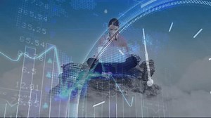 Meditointi rockissa, henkilö taloudellisten grafiikoiden digitaalisen animaation ympäröimänä. Tietoisuus, rahoitus, meditaatio, teknologia, visualisointi, zen