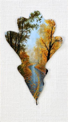 “Scenic Route” - Painted on a preserved white oak leaf 🍁 #natureart #leaf #autumn #painting