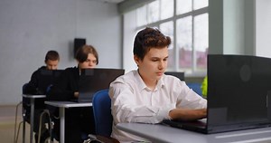 High School Students Boys Learning Programming Language In Coding Classes, Exam For School Students