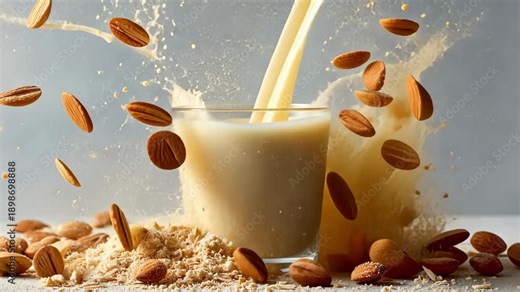 Fresh almond milk being poured over a bowl of almonds and oats