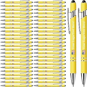 Personalized Pens with Stylus - Custom Pens Imprinted with Your Logo or Message - Ideal for Gifts, Promotions, and Business - Black Ink (50 Pcs, Yellow)