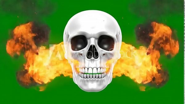 Animated skull emoji breathing flames on a transparent green screen, ideal for Halloween edits.