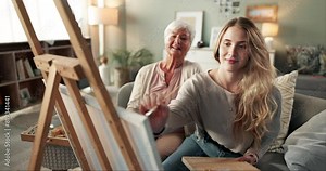 Grandmother, daughter and painting on canvas in home for relaxation, fun and artistic expression with love for ma. Girl, elderly woman and creativity for memories or bonding, hobby and together.