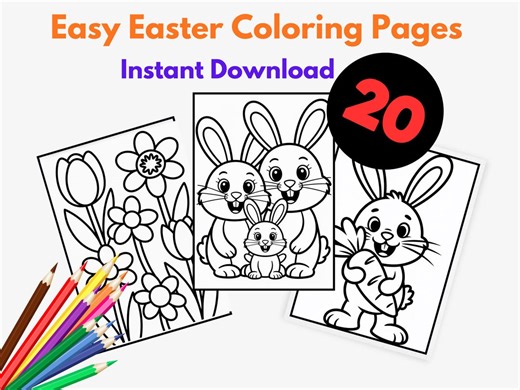 20 Easy Easter Coloring Pages for Kids , Toddlers | Simple Bunny, Egg & Chick Coloring Book | Preschool, Kindergarten Printable PDF - Etsy