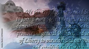 Constitution Text Patriotic Background 4K Loop features a collage of patriotic images and video with a subtle smoke-filled atmosphere and the constitution text animating over in a loop. Stock Video