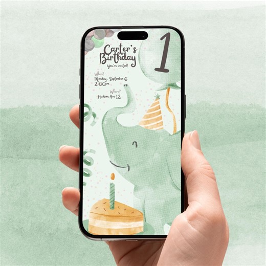 Elephant Birthday Invitation Editable Digital Invite Template, Kids 1st 2nd Animal Party Cake Download - Etsy