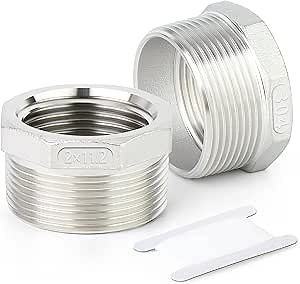 TAISHER 2PCS 304 Stainless Steel Reducer Hex Bushing, 2" NPT Male x 1-1/2" NPT Female, Reducing Pipe Adapter Fitting