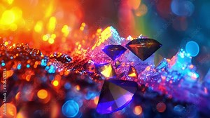 33 seconds of seamless endless looping computer generated video of seven diamonds rotating and moving floating around on colorful mineral background luxury concept hd animation motion graphics screens