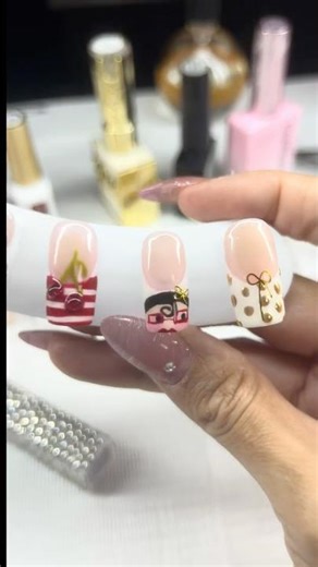 Cherry Bow Gold Charm Nails 🍒✨ Cute 3D Nail Art Design #shorts