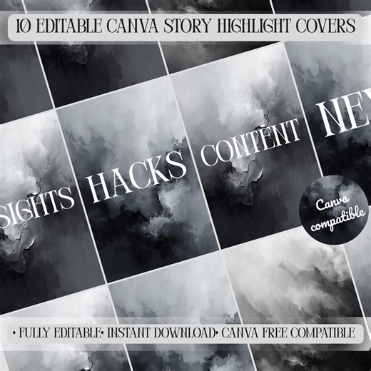 10 Canva Story Highlight Covers | Minimal Black & Gray Instagram Highlights | Editable Canva Templates | Instant Download - Etsy