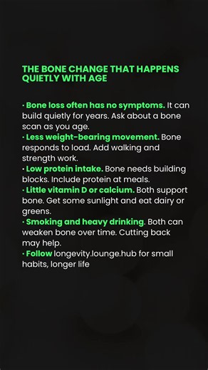 Bone loss rarely announces itself. Osteopenia, the stage before osteoporosis, often develops silently. Many people only learn about it after a scan or a fracture. The good news is that everyday habits support bone. Weight-bearing movement. Enough protein. Vitamin D and calcium. Less smoking and heavy drinking. Small signals, repeated daily, add up over years. Follow @longevity.lounge.hub for small habits, longer life #bonehealth #osteopenia #healthyaging #prevention #longevity