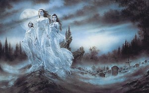 Three ethereal women in a misty graveyard Rare Gallery wallpaper