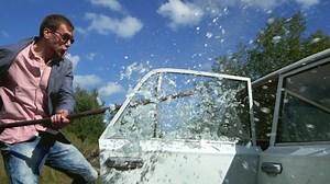 Mad man aggress destroy car crowbar. Vandal hit vehicle broken glass. Angry crazy people damage car. Aggressive person hitting crowbar smashed transport. Human vandalism. Destroyed broken automobile.