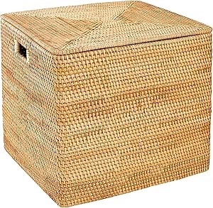 Rattan Basket With Lid,Large Storage Basket Lidded,Rattan Box For Shelf (12.6" L×12.6"W×12.6"H)
