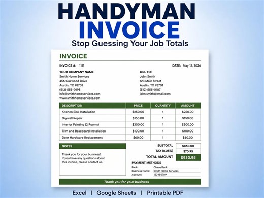 Handyman Invoice Template & Job Estimate | Auto-calculating Repair Invoice Form | Parts and Labor Billing (excel, Google Sheets, PDF) - Etsy