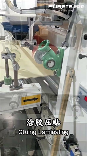 Production line for laminating PET film onto carbon crystal panels using a PUR adhesive coating