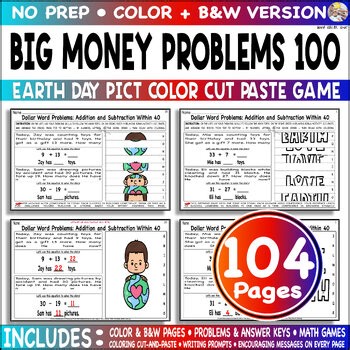 Best MONEY PROBLEM ADD SUB Within 40 100 | Earth Day Pict Color Cut Paste Game