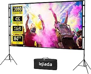 Upgraded 84 inch Projector Screen with Stand Portable Projection Screen lejiada 16:9 4K HD Projections Movies Screen with Carry Bag for Indoor Outdoor Home Theater Backyard Cinema Travel