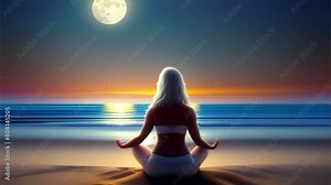 Back view of a woman meditating on the sandy beach . High quality FullHD footage