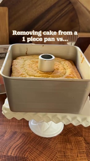One of the big differences between our one piece and two piece square tube pans is how you remove cakes that you want to serve top-side up! With the one piece, you have to release the cake then flip it, potentially crushing the top. With the two piece pan you can lift it off the base without disturbing the top. Both pans can be ordered at oldcountrykitchenware.com | Old Country Kitchenware