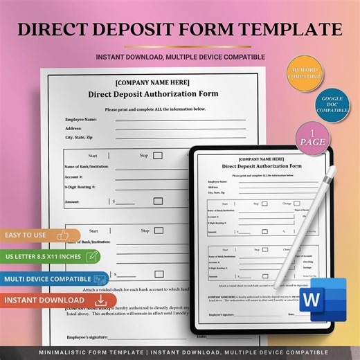 Direct Deposit Form Template (editable Word DOC) – Payroll Authorization - Etsy Canada