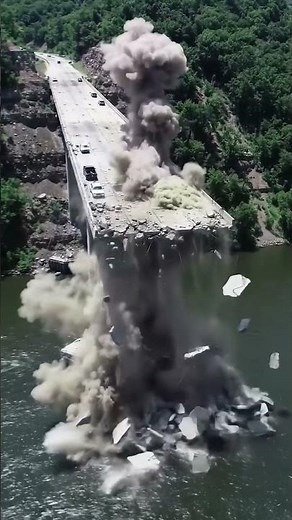Dramatic Bridge Demolition Over River.