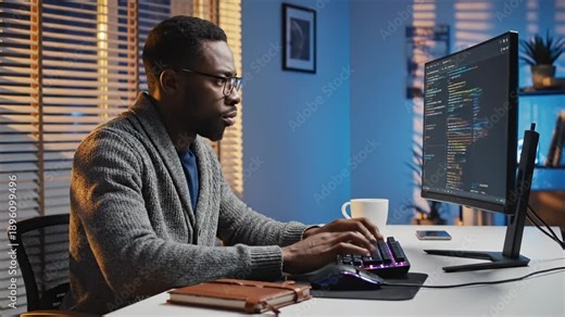 Man programmer types code on keyboard at home office. Developer works with monitor showing code. Programmer at desk writes code. Home office developer types on keyboard viewing monitor code.